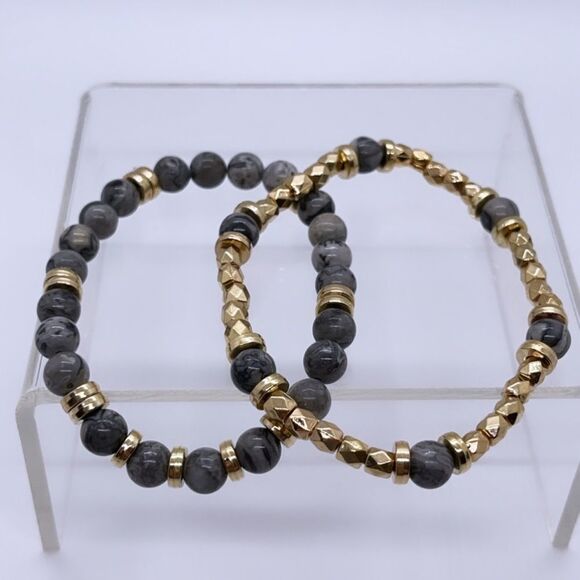 NWT Wool + Pepper Co. Gray & Gold Bracelets Stack - Picture 3 of 4